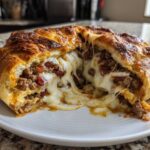 Close-up of ultimate garbage bread cut open, showing melted cheese stretching over a savory ground meat filling.