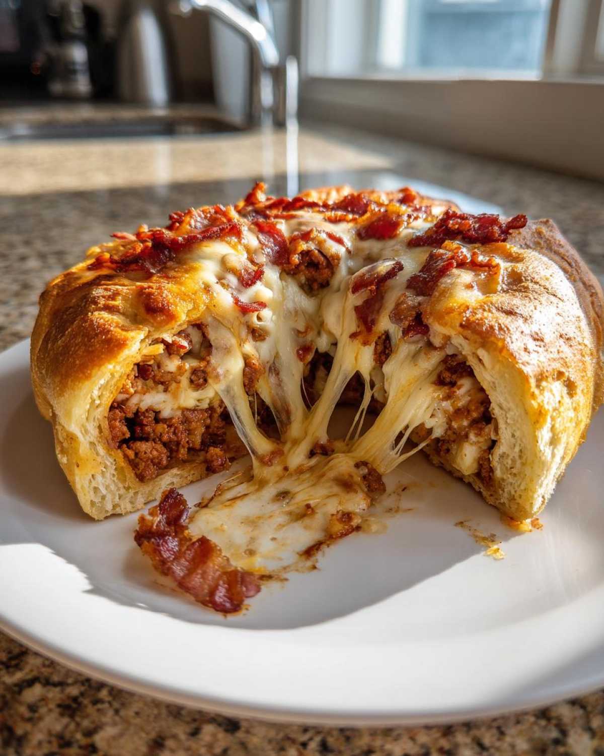 Cross-section of ultimate garbage bread showing melted, stringy cheese pull and savory meat filling topped with bacon.