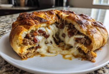 Close-up of ultimate garbage bread cut open, showing melted cheese stretching over a savory ground meat filling.