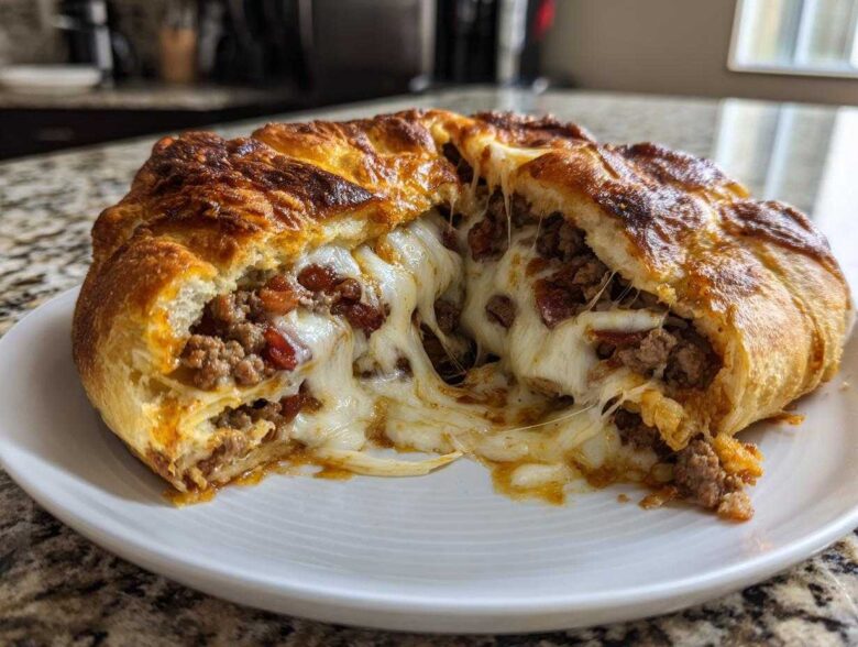 Close-up of ultimate garbage bread cut open, showing melted cheese stretching over a savory ground meat filling.