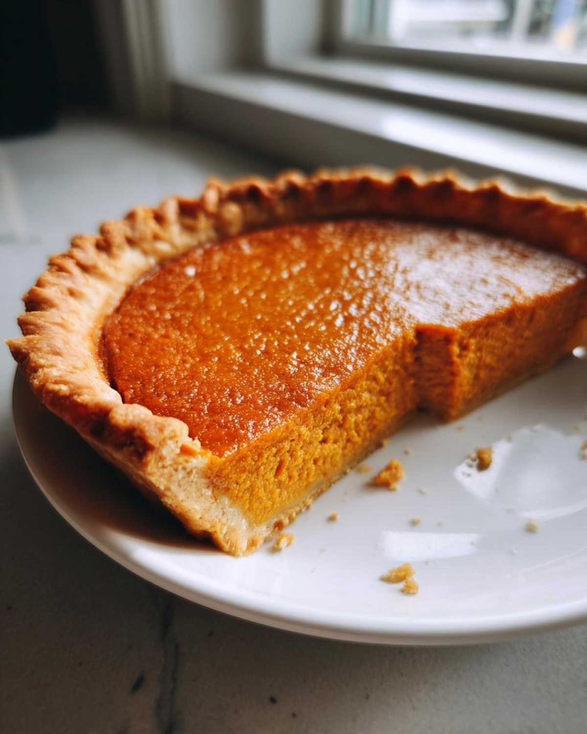 Close-up of a slice missing from a rich, orange vegan pumpkin pie with a flaky crust on a white plate.