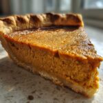 A close-up, sunlit slice of rich orange vegan pumpkin pie with a flaky crust.