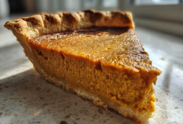A close-up, sunlit slice of rich orange vegan pumpkin pie with a flaky crust.