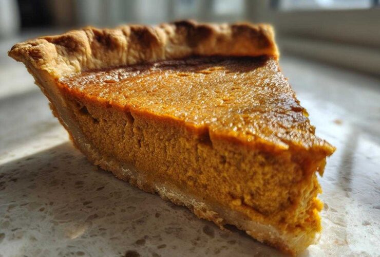 A close-up, sunlit slice of rich orange vegan pumpkin pie with a flaky crust.