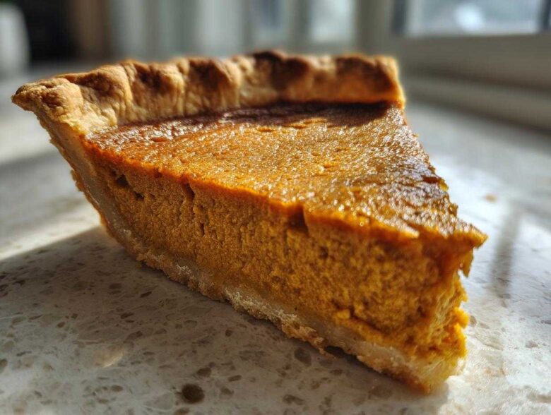 A close-up, sunlit slice of rich orange vegan pumpkin pie with a flaky crust.