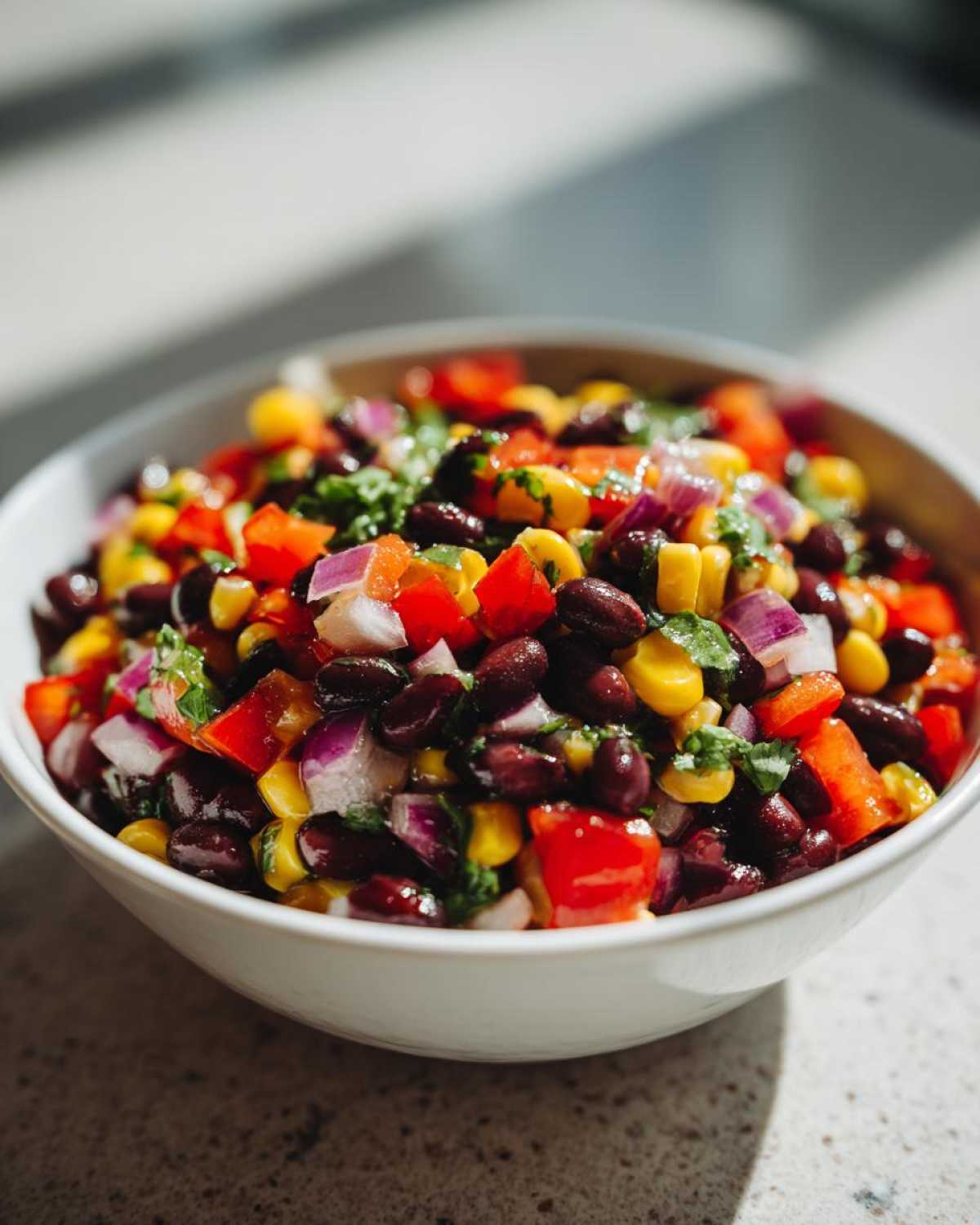 Close-up of a white bowl filled with colorful cowboy caviar, featuring black beans, corn, red onion, and bell peppers.