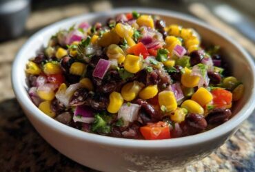 Close-up of a white bowl filled with colorful cowboy caviar featuring black beans, corn, red onion, and tomatoes.