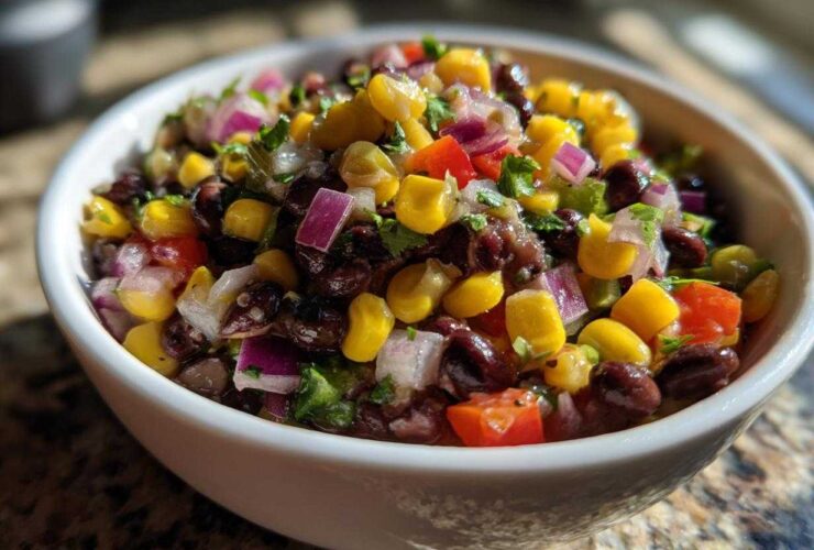 Close-up of a white bowl filled with colorful cowboy caviar featuring black beans, corn, red onion, and tomatoes.