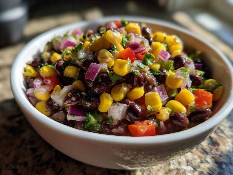 Close-up of a white bowl filled with colorful cowboy caviar featuring black beans, corn, red onion, and tomatoes.