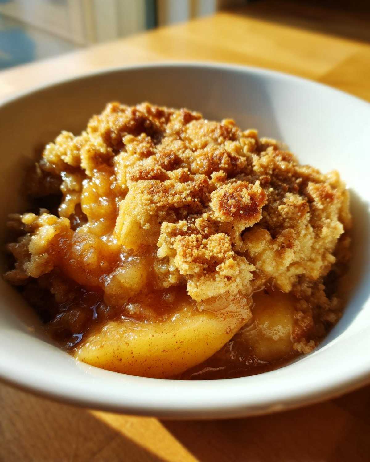 A close-up view of warm, gooey apple cobbler with a golden, crumbly topping served in a white bowl.