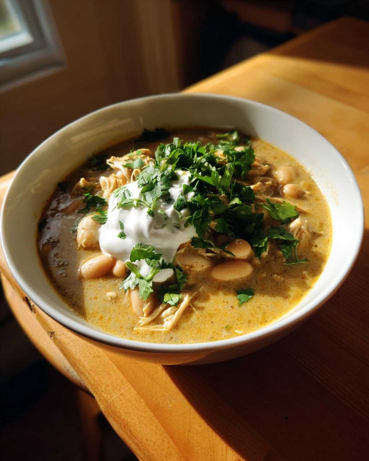 A bowl of creamy white chicken chili recipe topped with sour cream and fresh cilantro.