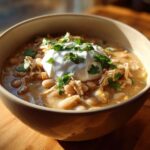 A warm, creamy bowl of white chicken chili recipe topped with a dollop of sour cream and fresh cilantro.