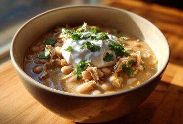 A warm, creamy bowl of white chicken chili recipe topped with a dollop of sour cream and fresh cilantro.