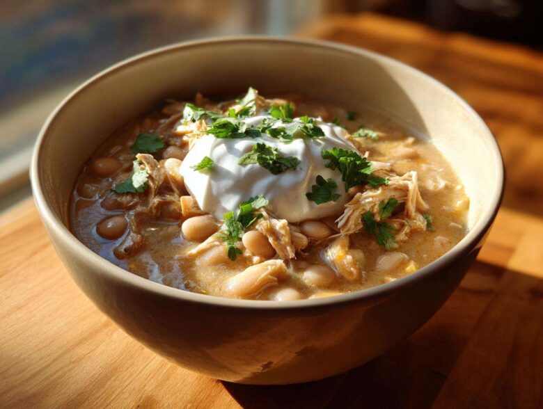 A warm, creamy bowl of white chicken chili recipe topped with a dollop of sour cream and fresh cilantro.
