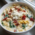 Close-up of a bowl of creamy white chicken lasagna soup topped with ricotta cheese, sun-dried tomatoes, and spinach.