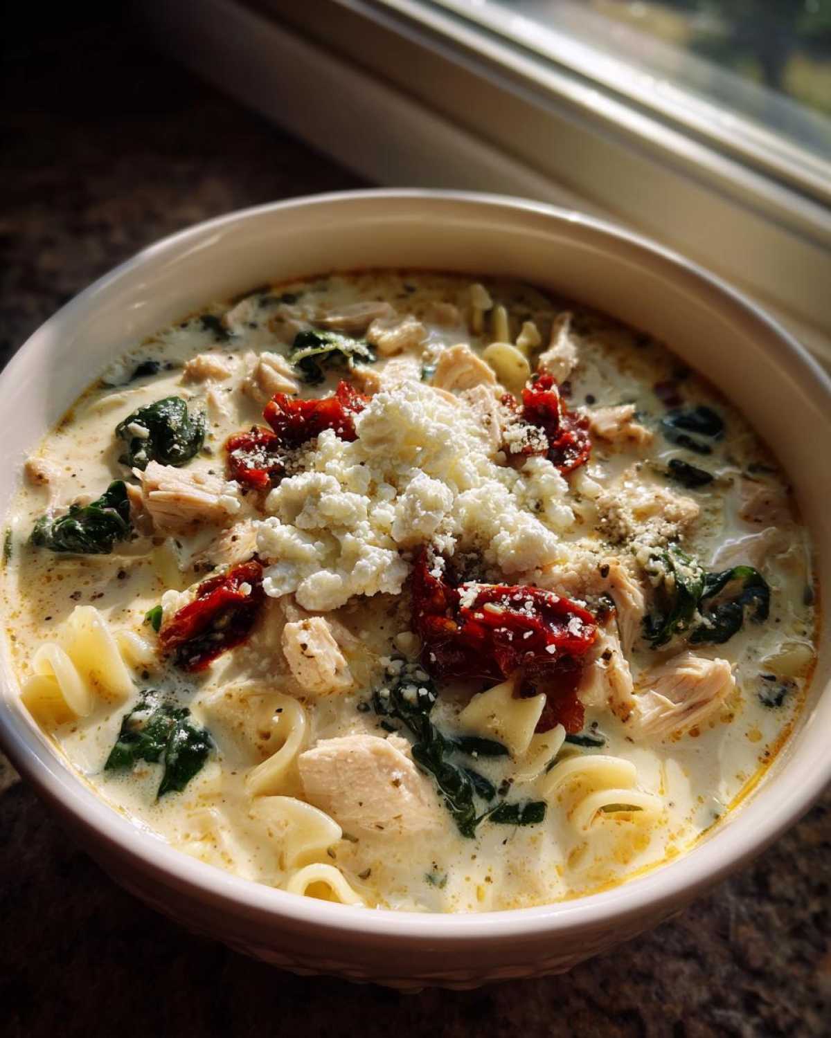 A creamy bowl of white chicken lasagna soup topped with ricotta cheese, sun-dried tomatoes, and spinach.