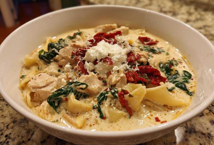 A close-up of a bowl of white chicken lasagna soup topped with ricotta, sun-dried tomatoes, and spinach.
