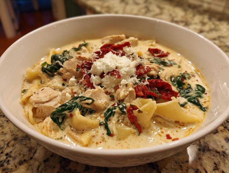 A close-up of a bowl of white chicken lasagna soup topped with ricotta, sun-dried tomatoes, and spinach.