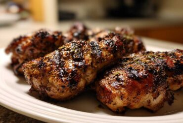 Close-up of perfectly grilled chicken pieces coated in a dark, glistening chicken marinade and sprinkled with herbs.