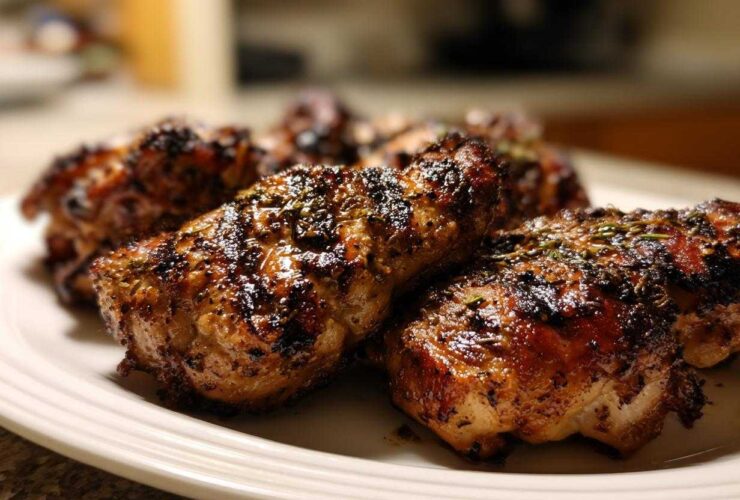 Close-up of perfectly grilled chicken pieces coated in a dark, glistening chicken marinade and sprinkled with herbs.