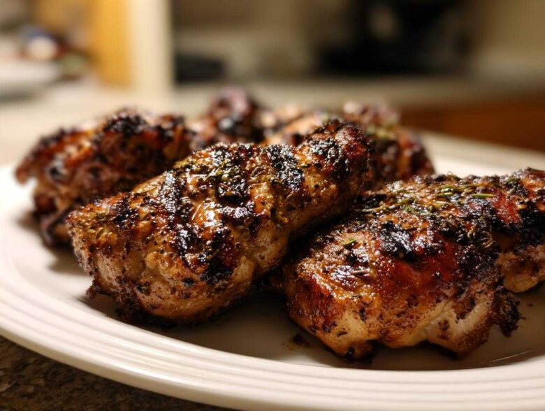 Close-up of perfectly grilled chicken pieces coated in a dark, glistening chicken marinade and sprinkled with herbs.