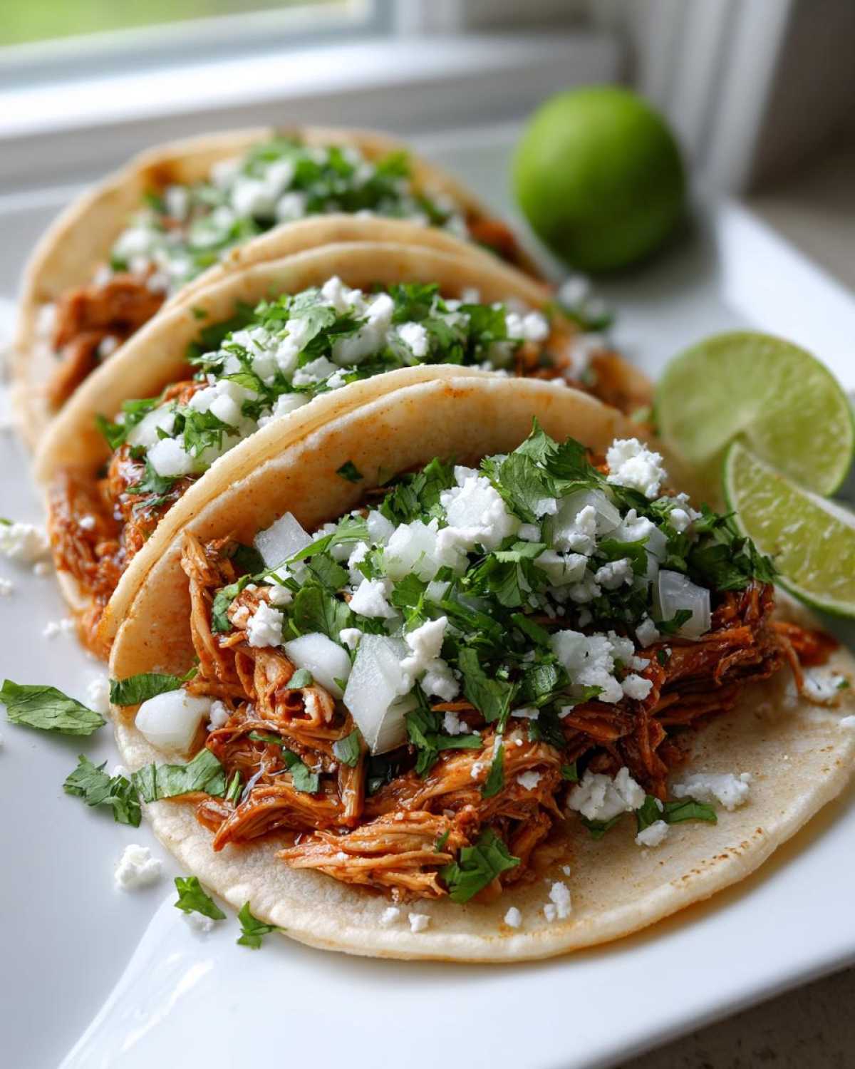 Close-up of three soft corn chicken tacos filled with shredded meat, topped with white onion, cilantro, and cotija cheese.