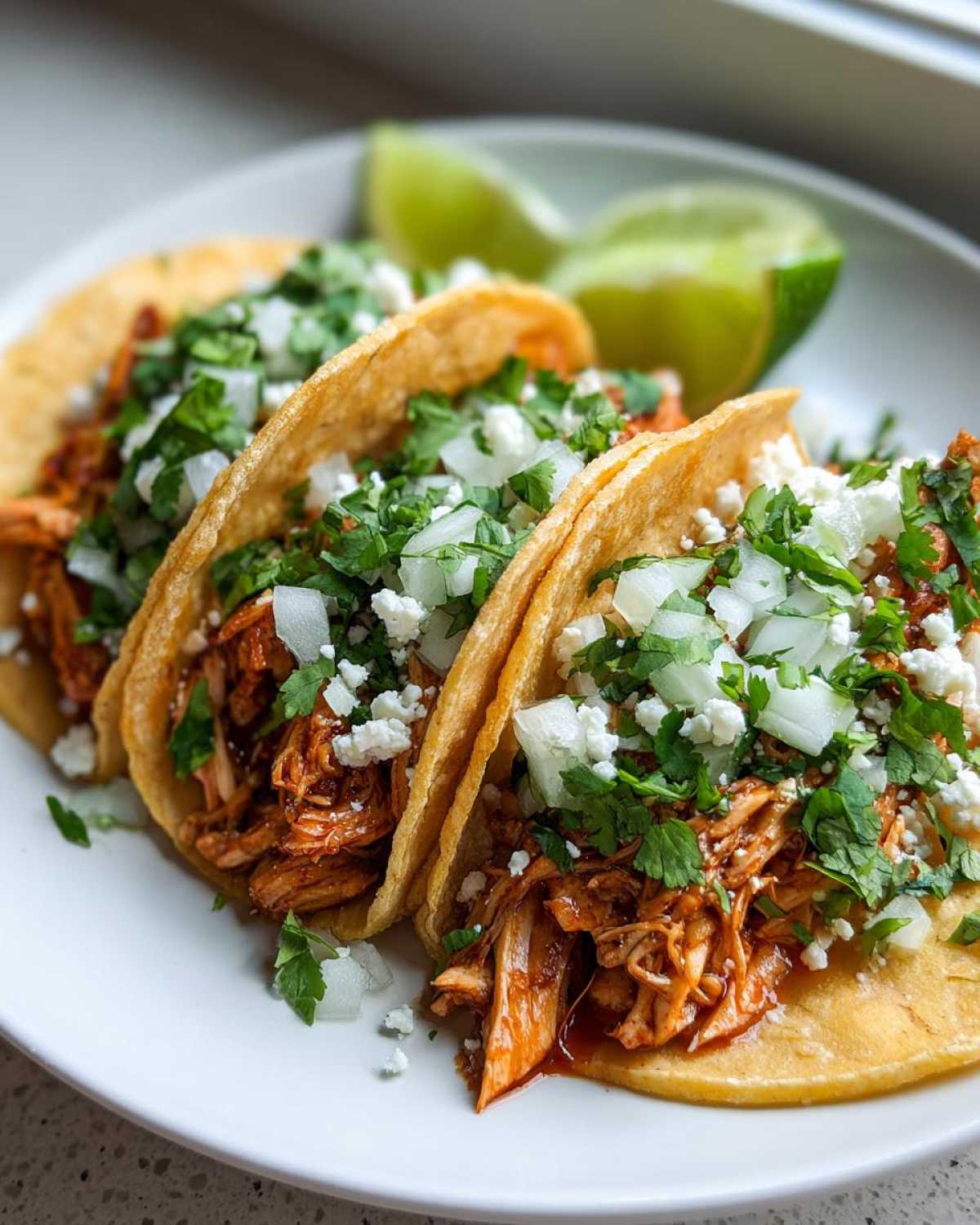 Close-up of three corn tortilla chicken tacos topped with white onion, cilantro, and cotija cheese, served with lime wedges.