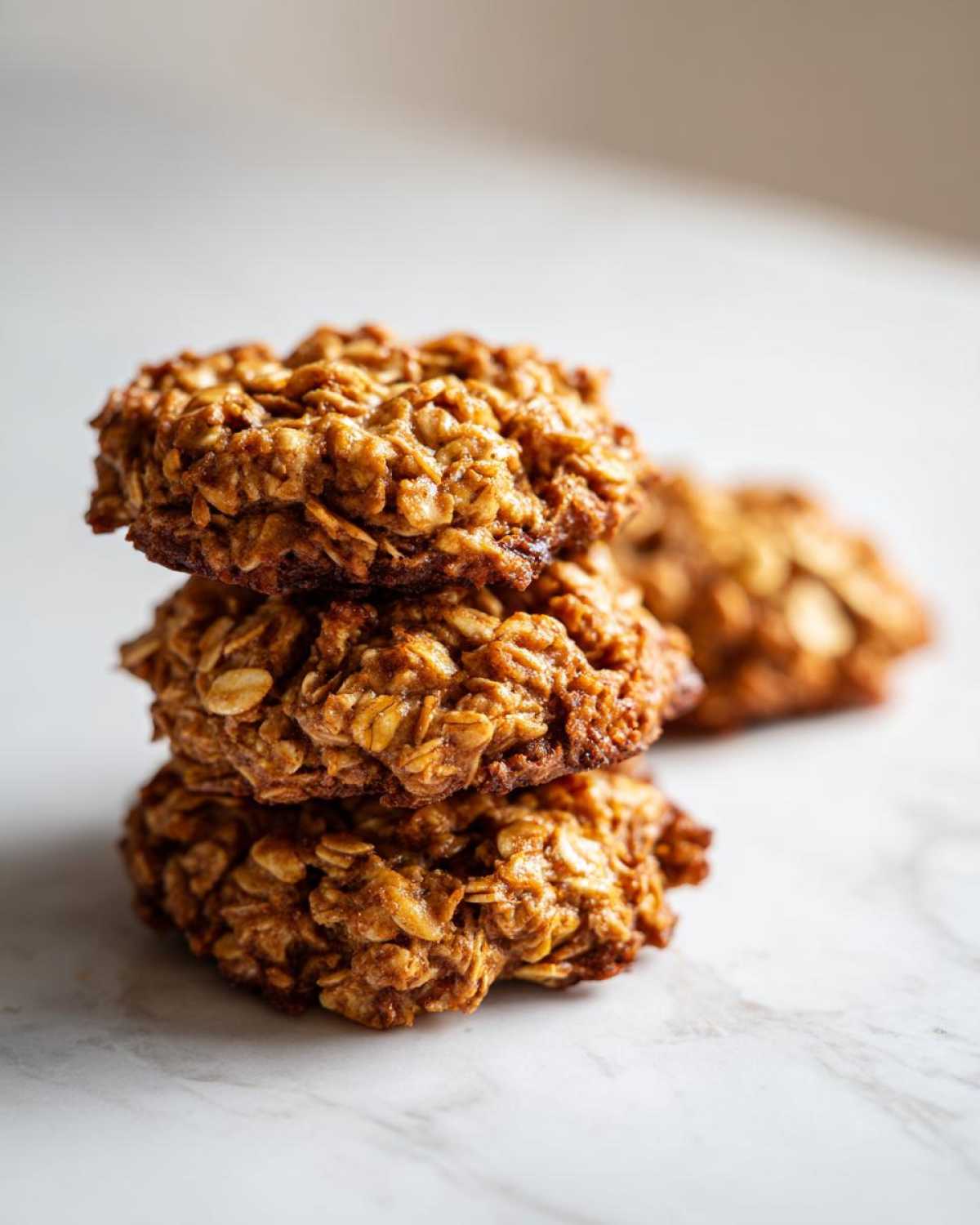 A stack of three golden brown banana oatmeal cookies made with visible rolled oats, set on a white marble surface.