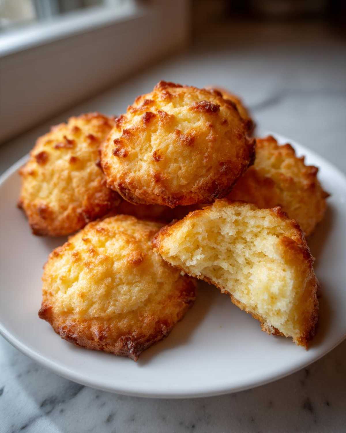 A stack of golden brown 3-ingredient butter cookies on a white plate, one broken open showing the soft interior.