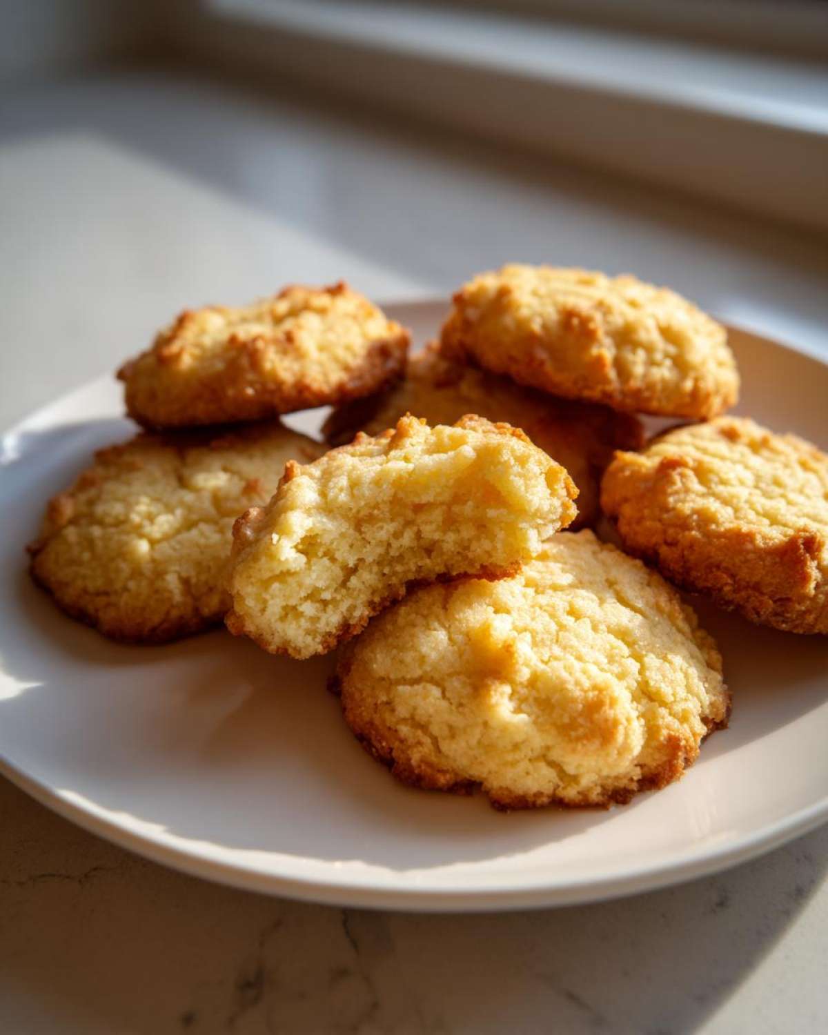 A stack of golden brown 3-ingredient butter cookies on a white plate, one cookie is broken open showing a soft interior.