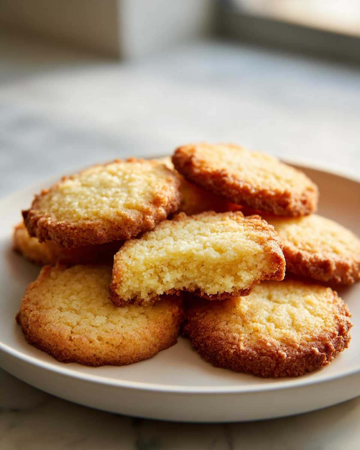 A stack of golden brown 3-ingredient butter cookies, with one cookie broken in half showing the soft interior.