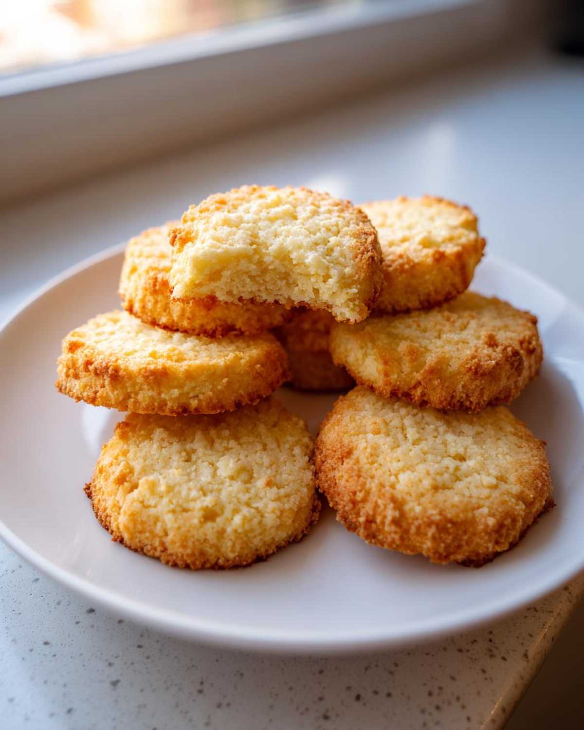 Close-up of a stack of golden brown 3-ingredient butter cookies on a white plate, one cookie has a bite missing.