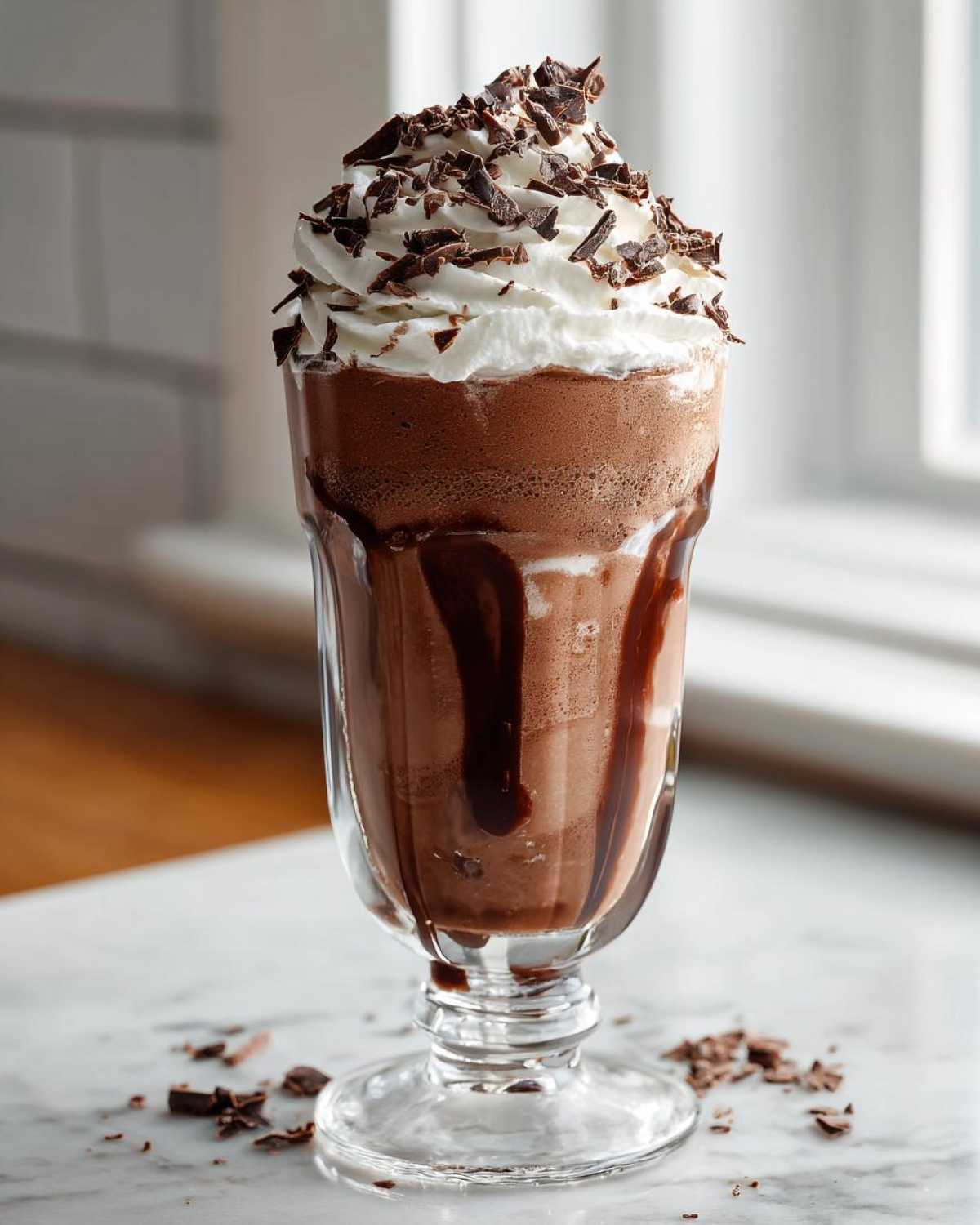 A tall glass of rich, blended frozen hot chocolate topped with whipped cream and chocolate shavings.