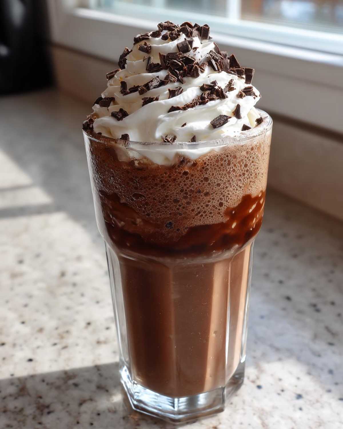 A tall glass of rich frozen hot chocolate topped with whipped cream and chocolate shavings.