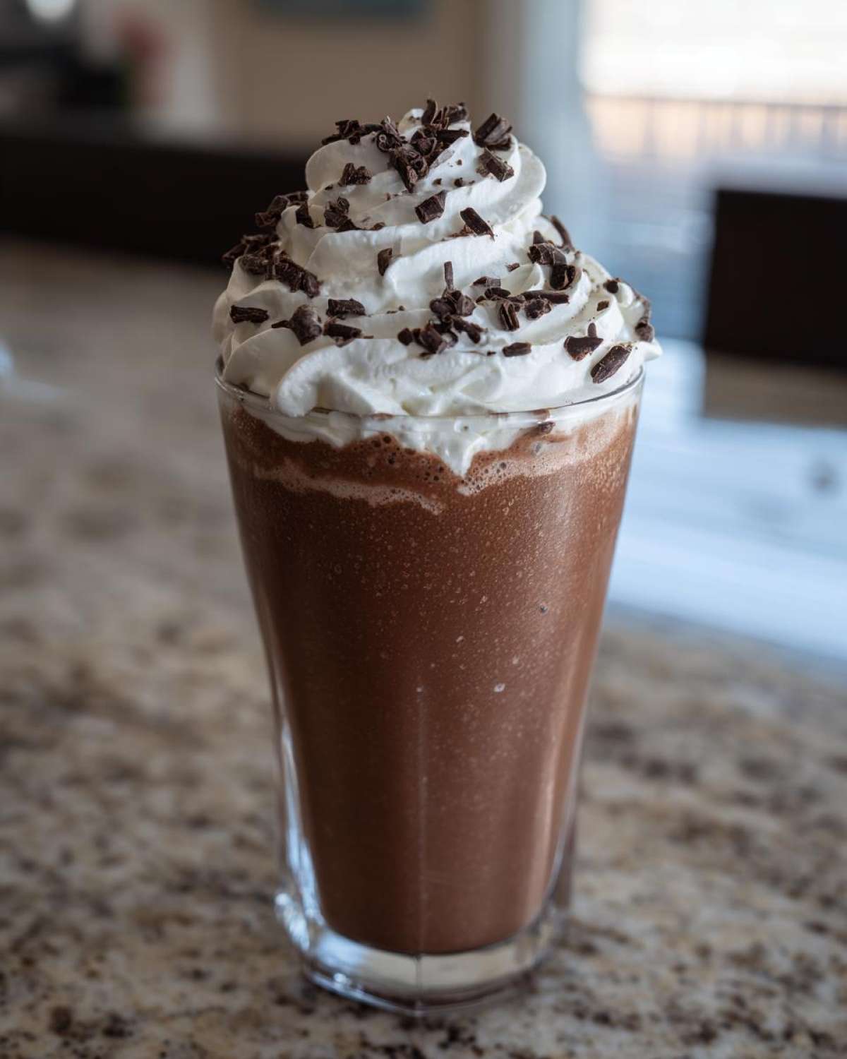 A tall glass filled with rich, blended frozen hot chocolate topped with whipped cream and chocolate shavings.