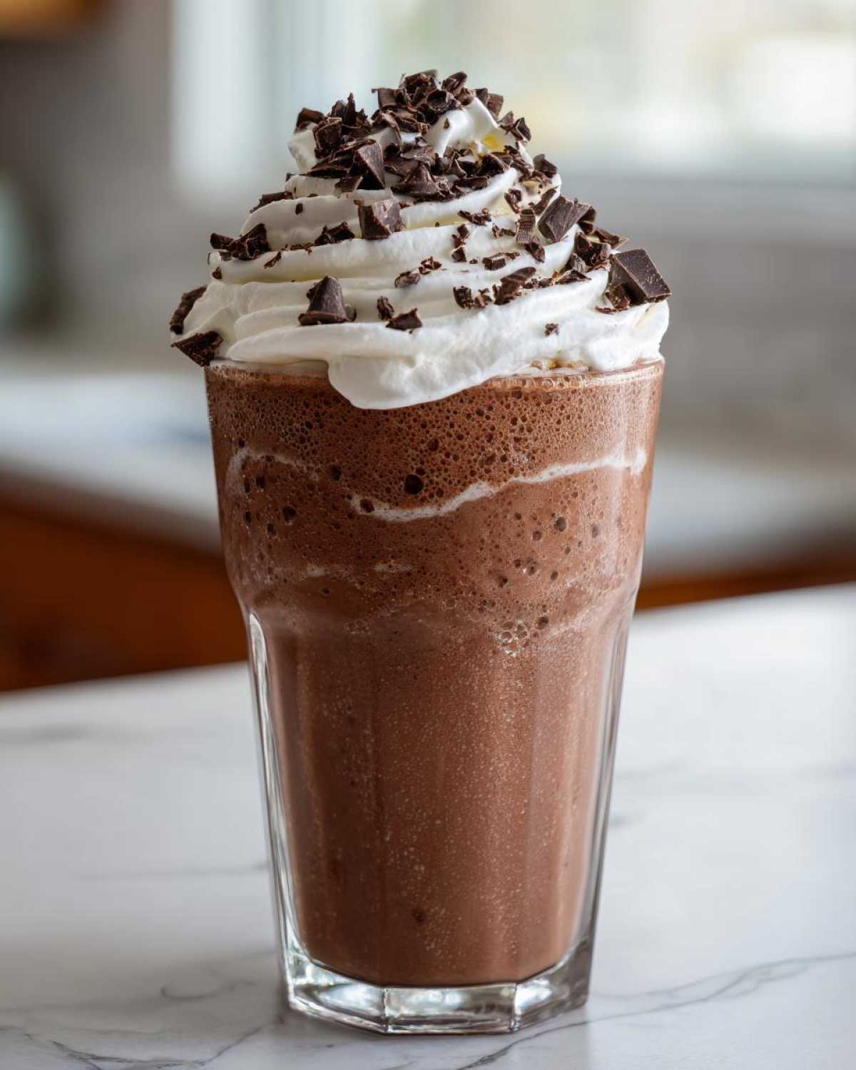 A tall glass filled with rich, blended frozen hot chocolate topped with whipped cream and chocolate shavings.