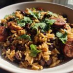 Close-up of a bowl of flavorful black beans and rice mixed with sliced smoked sausage and topped with fresh cilantro.