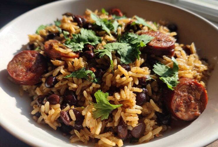 Close-up of a bowl of flavorful black beans and rice mixed with sliced smoked sausage and topped with fresh cilantro.