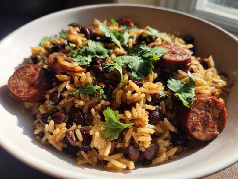 Close-up of a bowl of flavorful black beans and rice mixed with sliced smoked sausage and topped with fresh cilantro.