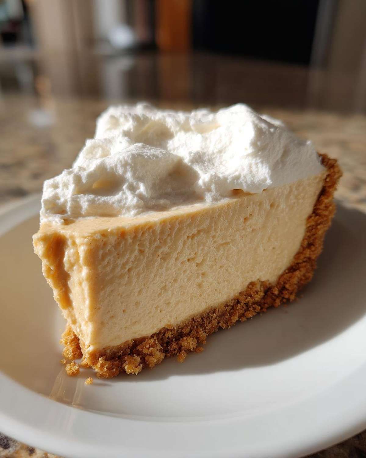 A perfect slice of creamy peanut butter pie with a graham cracker crust and whipped cream topping.