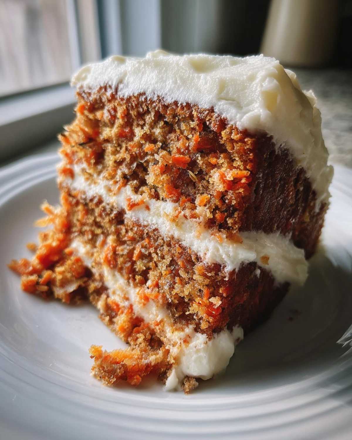 Close-up of a moist slice of carrot cake recipe with thick cream cheese frosting layers.