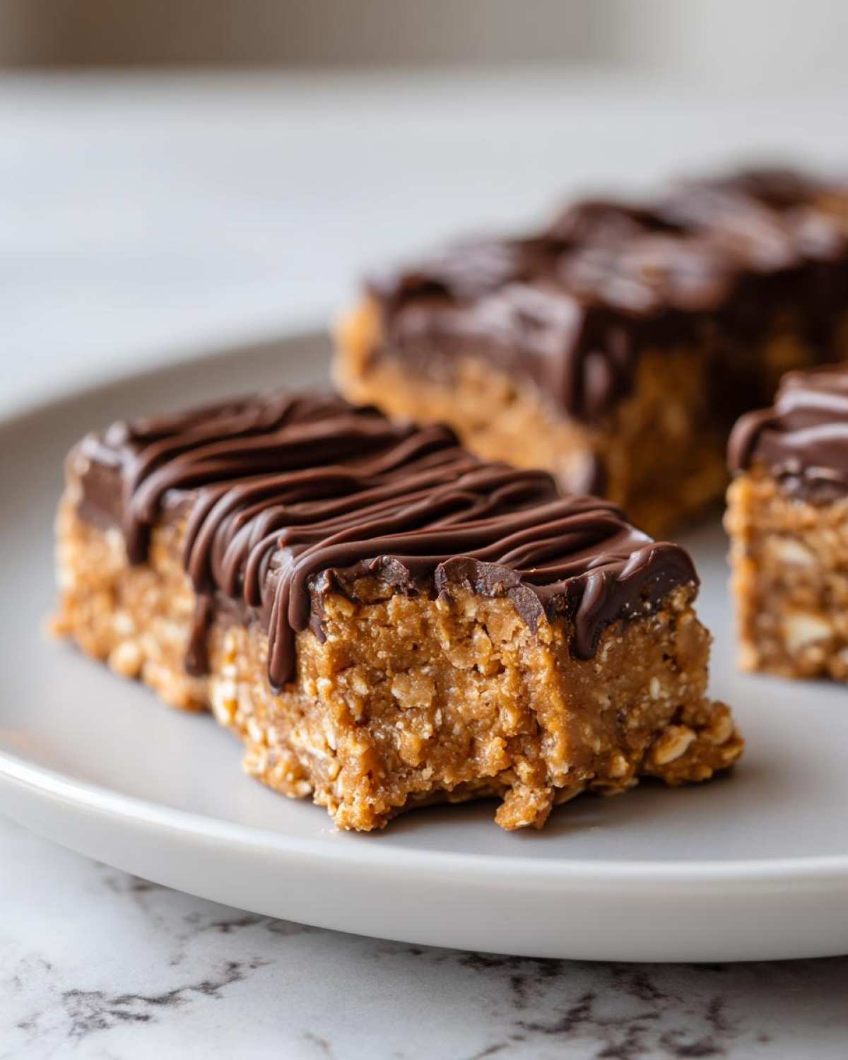 Close-up of homemade protein bars with a peanut butter base, topped with drizzled dark chocolate.