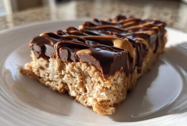 Close-up of a single slice of homemade protein bars topped with rich chocolate and peanut butter drizzle.