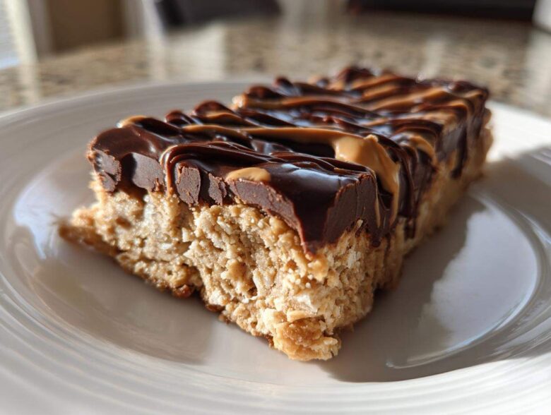 Close-up of a single slice of homemade protein bars topped with rich chocolate and peanut butter drizzle.