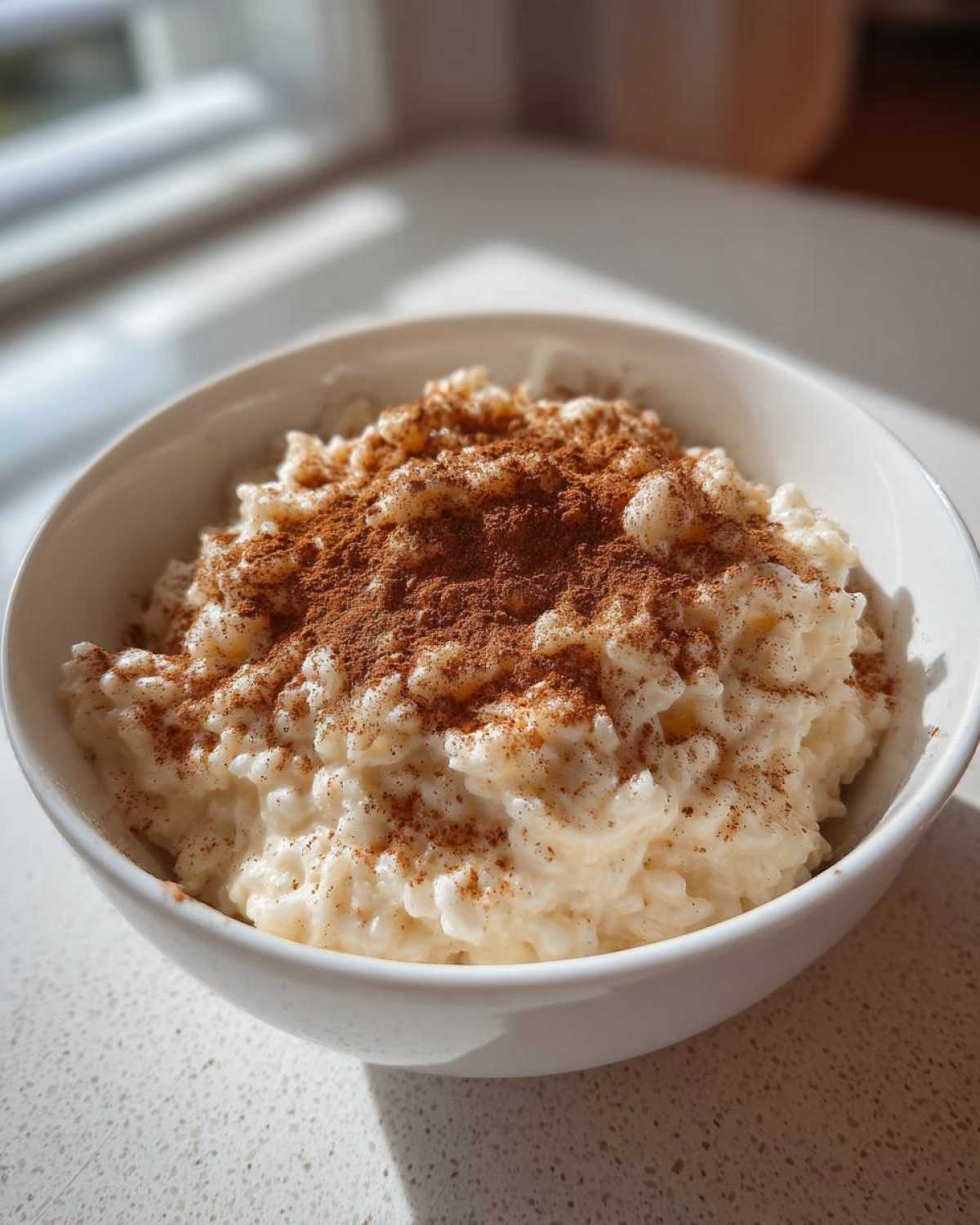 A creamy bowl of homemade rice pudding generously topped with ground cinnamon, sitting in sunlight.
