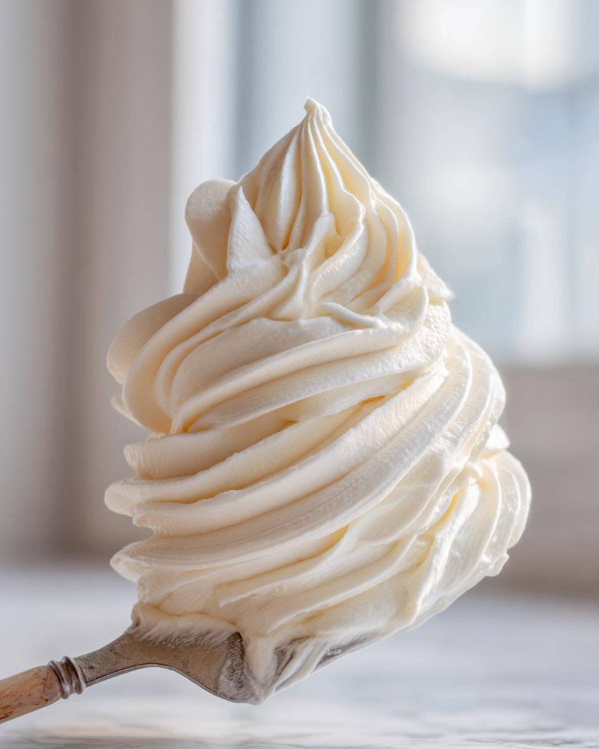 A tall, perfectly piped swirl of fluffy white cream cheese frosting held up on an offset spatula.