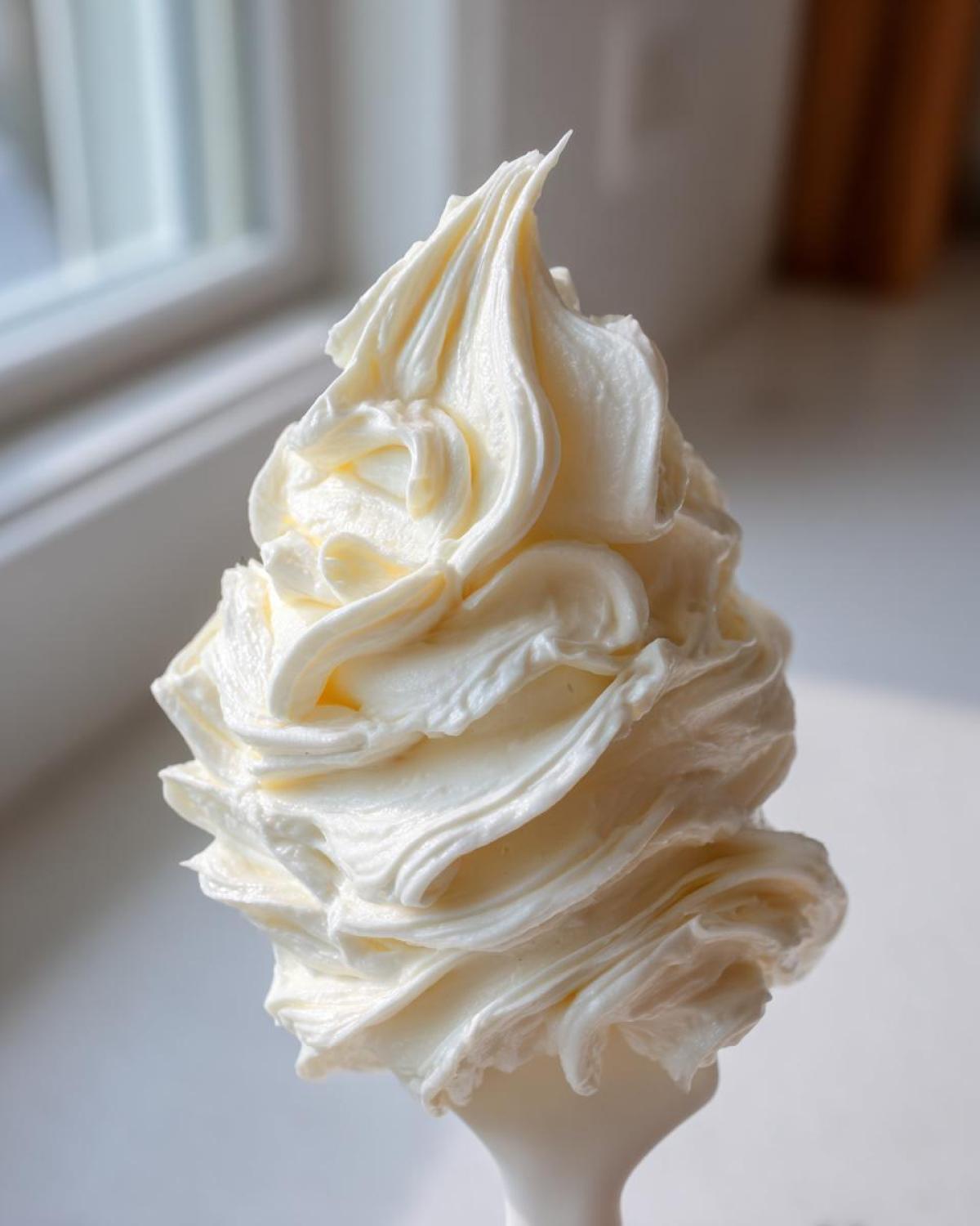 A beautifully piped, tall swirl of rich, white cream cheese frosting held up close.