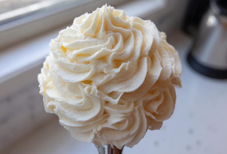 A close-up of beautifully piped, fluffy cream cheese frosting in a decorative swirl pattern.