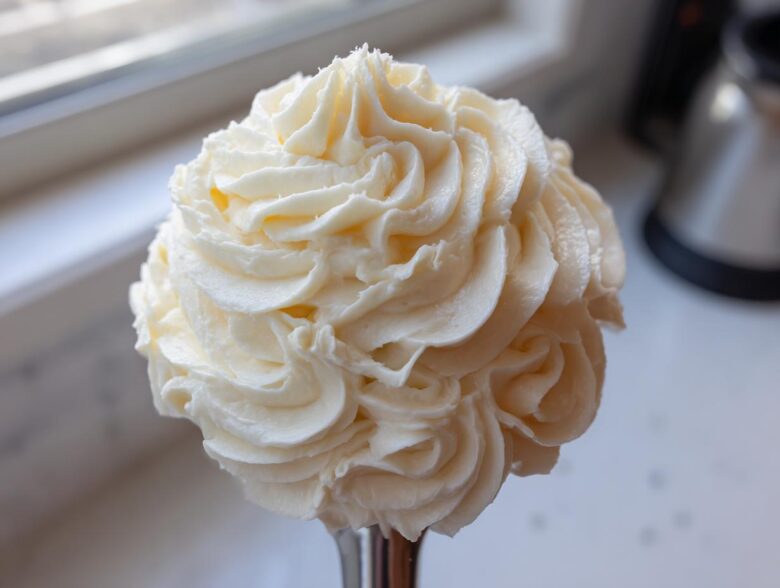 A close-up of beautifully piped, fluffy cream cheese frosting in a decorative swirl pattern.