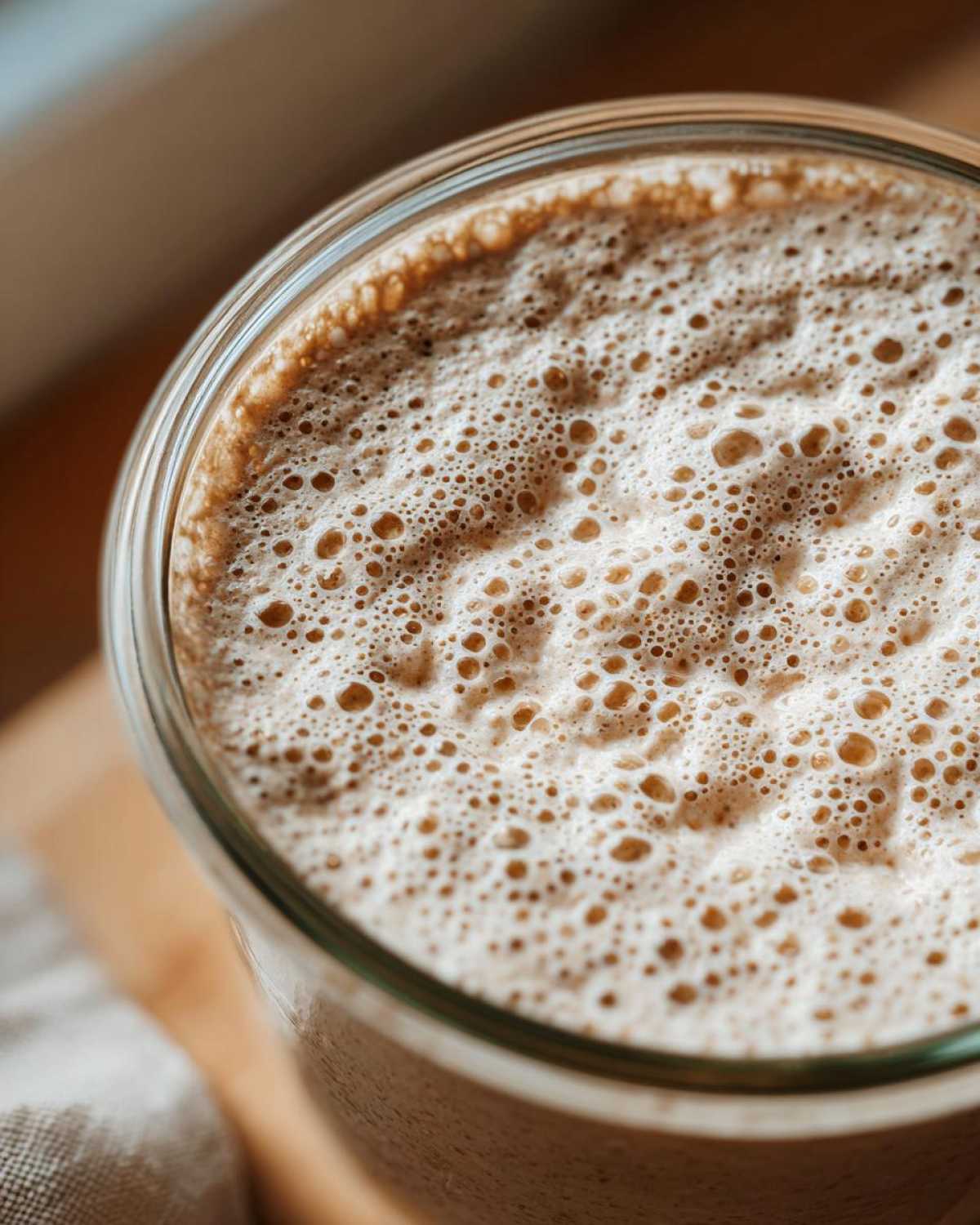 Close-up of a highly active sourdough starter showing a thick layer of small, uniform bubbles.
